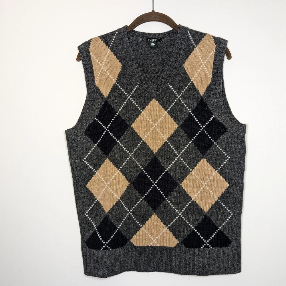 J. Crew Men's V-Neck Argyle Sweater Vest in Gray, Tan, Black